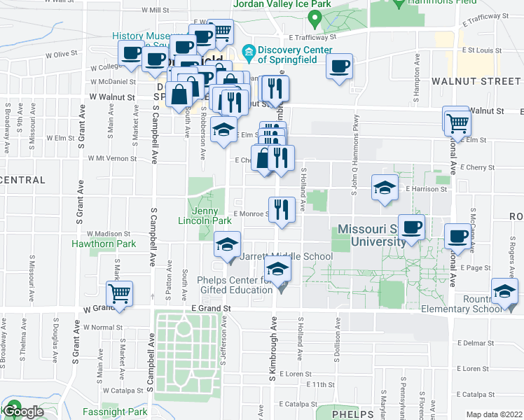 map of restaurants, bars, coffee shops, grocery stores, and more near 515 Bear Boulevard in Springfield