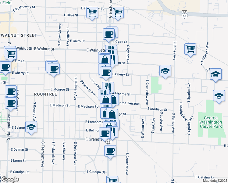map of restaurants, bars, coffee shops, grocery stores, and more near 1825 East Monroe Street in Springfield