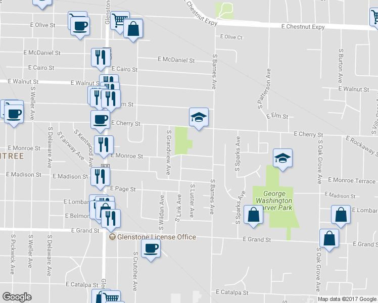 map of restaurants, bars, coffee shops, grocery stores, and more near 2117 East Monroe Street in Springfield