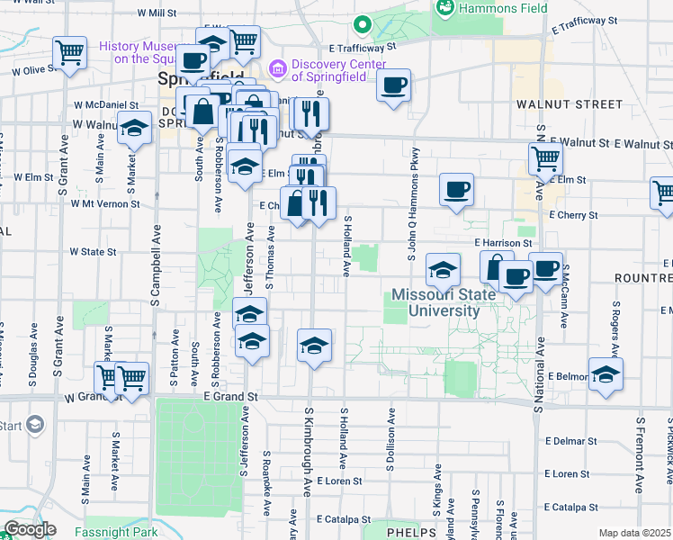 map of restaurants, bars, coffee shops, grocery stores, and more near 627 E Bear Boulevard in Springfield