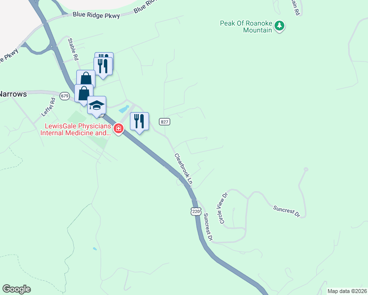 map of restaurants, bars, coffee shops, grocery stores, and more near 5444 Clearwood Drive in Roanoke