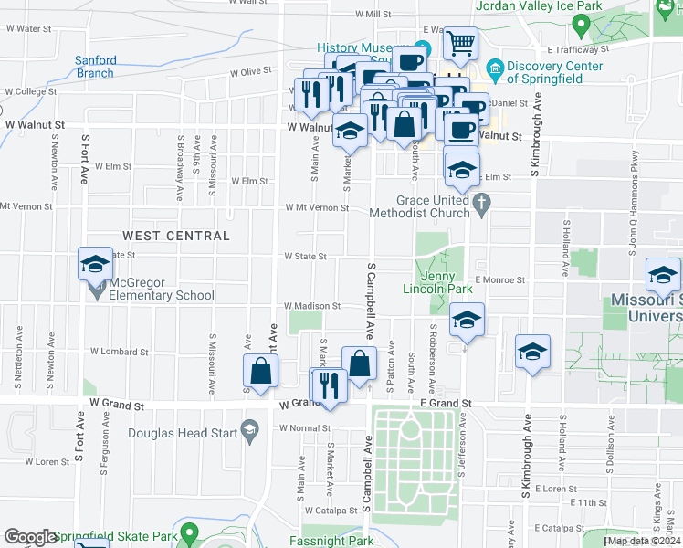 map of restaurants, bars, coffee shops, grocery stores, and more near 722 South Market Avenue in Springfield