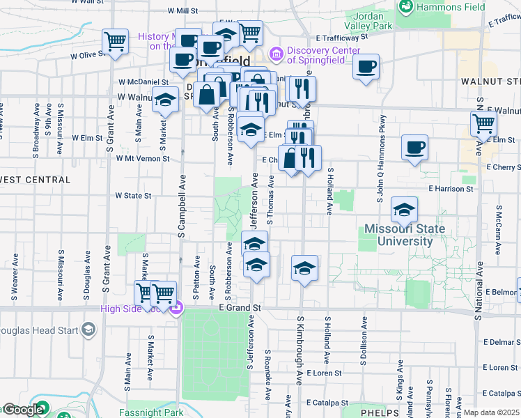 map of restaurants, bars, coffee shops, grocery stores, and more near 684 South Jefferson Avenue in Springfield
