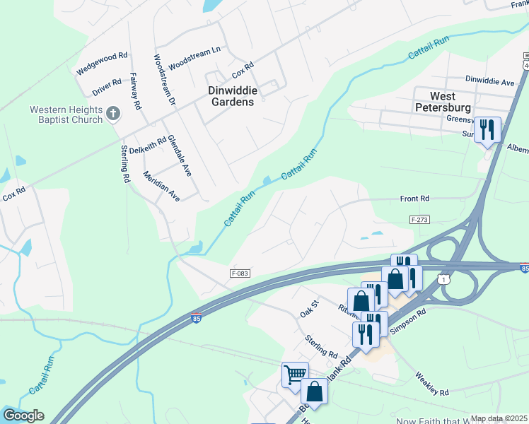 map of restaurants, bars, coffee shops, grocery stores, and more near 25020 Gilmar Court in Petersburg