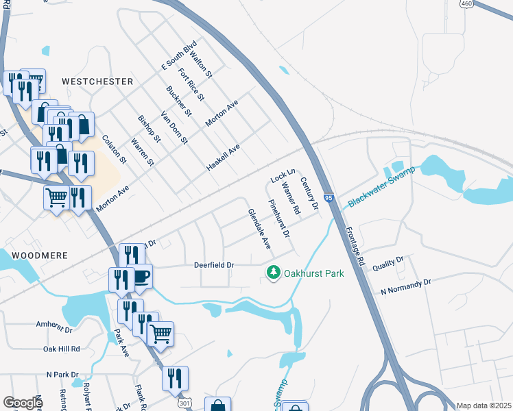 map of restaurants, bars, coffee shops, grocery stores, and more near 2521 Glendale Avenue in Petersburg