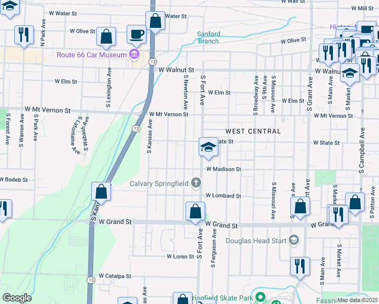 map of restaurants, bars, coffee shops, grocery stores, and more near 732 South Newton Avenue in Springfield