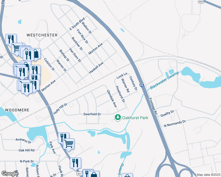 map of restaurants, bars, coffee shops, grocery stores, and more near 2521 Glendale Avenue in Petersburg