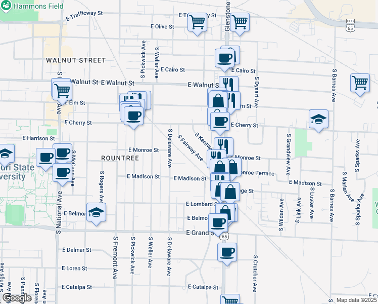 map of restaurants, bars, coffee shops, grocery stores, and more near 1621 East Monroe Terrace in Springfield