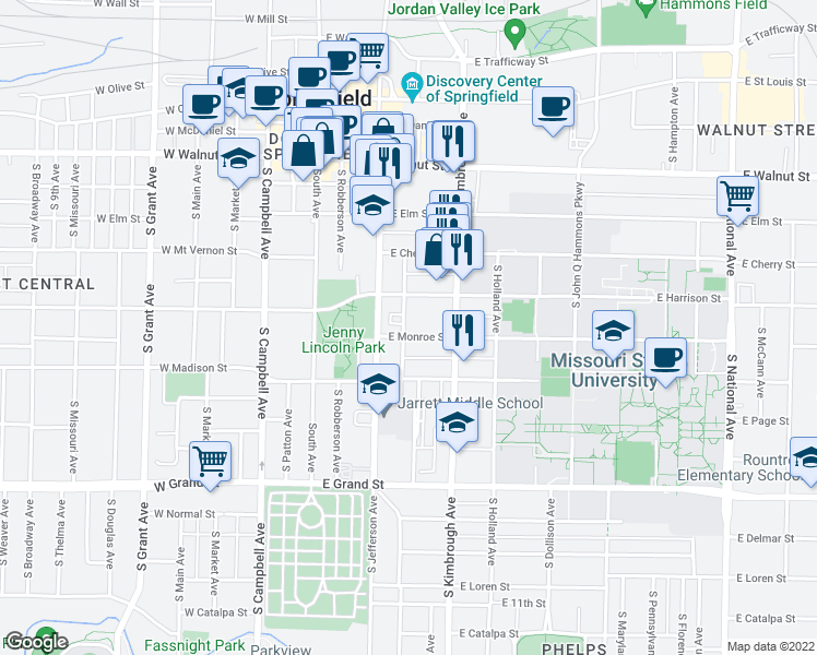 map of restaurants, bars, coffee shops, grocery stores, and more near 433 East Monroe Street in Springfield