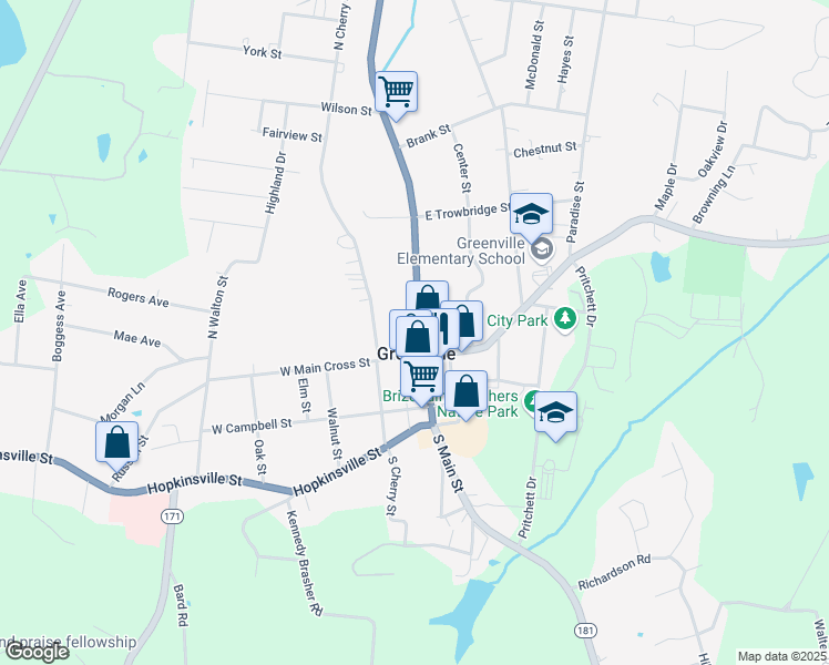 map of restaurants, bars, coffee shops, grocery stores, and more near 121 Main Street in Greenville