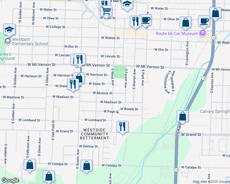 map of restaurants, bars, coffee shops, grocery stores, and more near 2426 West Monroe Street in Springfield