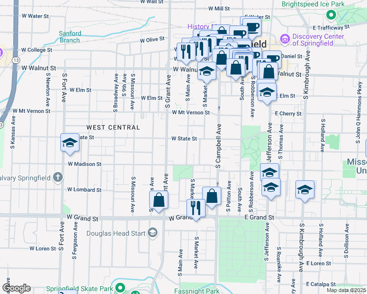 map of restaurants, bars, coffee shops, grocery stores, and more near 728 South Main Avenue in Springfield