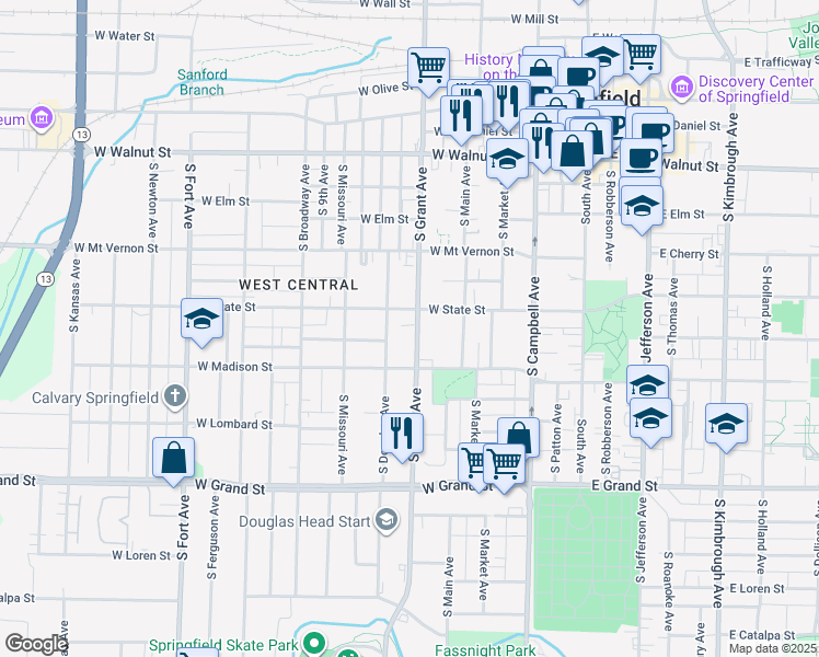 map of restaurants, bars, coffee shops, grocery stores, and more near 728 South Douglas Avenue in Springfield