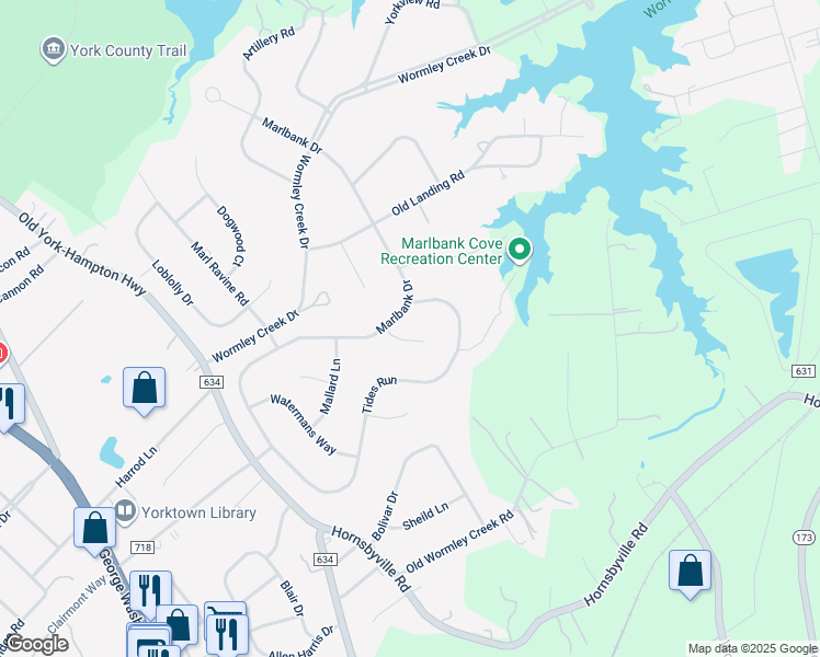 map of restaurants, bars, coffee shops, grocery stores, and more near 103 McClellan Court in Yorktown