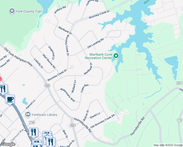 map of restaurants, bars, coffee shops, grocery stores, and more near 103 McClellan Court in Yorktown