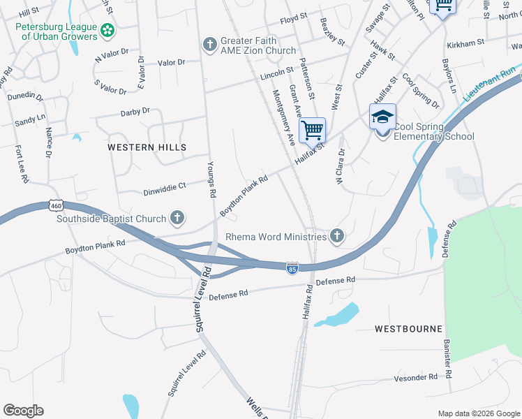 map of restaurants, bars, coffee shops, grocery stores, and more near 1800 Boydton Plank Road in Petersburg
