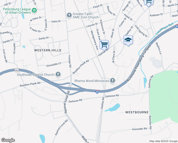 map of restaurants, bars, coffee shops, grocery stores, and more near 16 Westfall Drive in Petersburg