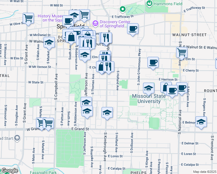 map of restaurants, bars, coffee shops, grocery stores, and more near 605 Bear Boulevard in Springfield