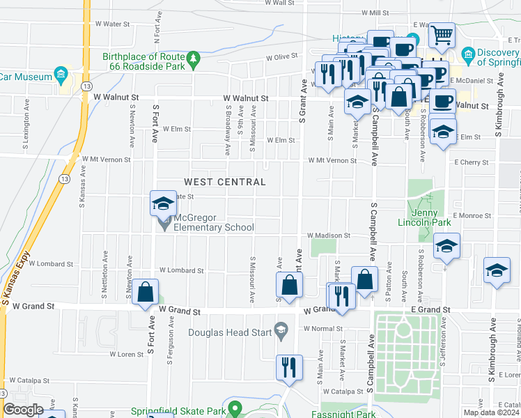 map of restaurants, bars, coffee shops, grocery stores, and more near 716 South Missouri Avenue in Springfield