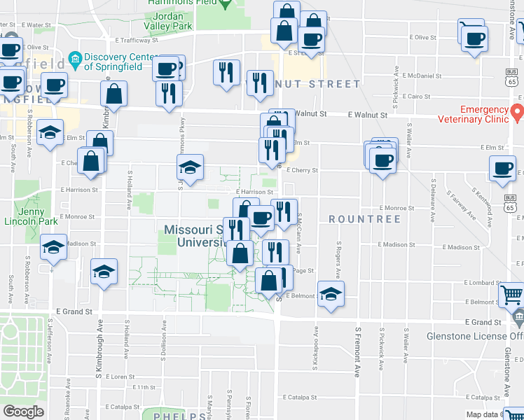 map of restaurants, bars, coffee shops, grocery stores, and more near 1141 East Monroe Street in Springfield