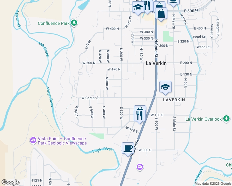 map of restaurants, bars, coffee shops, grocery stores, and more near 326 West 30 North in La Verkin