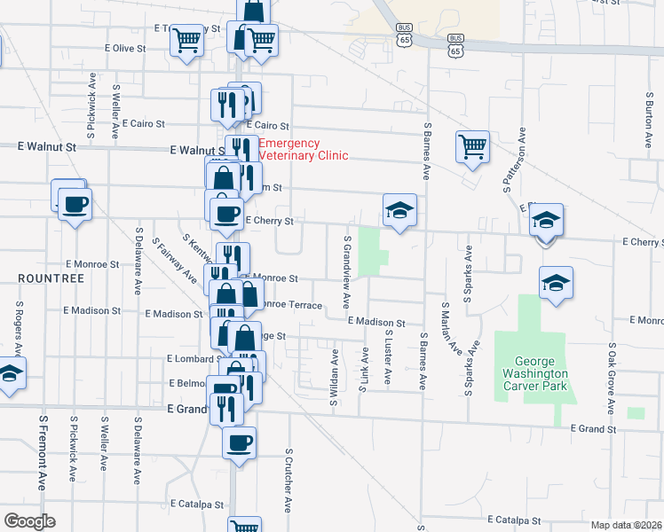 map of restaurants, bars, coffee shops, grocery stores, and more near 1961 East Monroe Street in Springfield