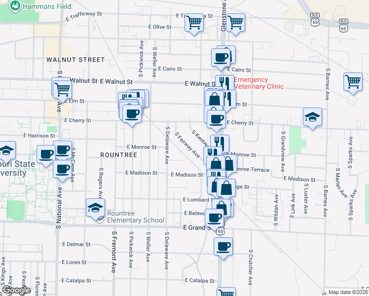 map of restaurants, bars, coffee shops, grocery stores, and more near 1621 East Monroe Terrace in Springfield