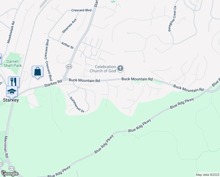 map of restaurants, bars, coffee shops, grocery stores, and more near 4310 Rock Garden Lane in Roanoke
