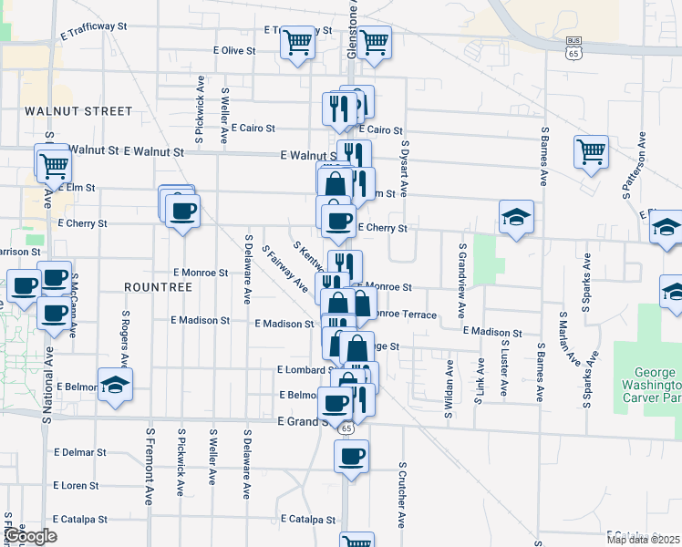 map of restaurants, bars, coffee shops, grocery stores, and more near 711 South Glenstone Avenue in Springfield