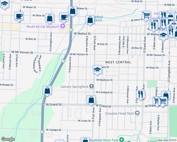 map of restaurants, bars, coffee shops, grocery stores, and more near 732 South Newton Avenue in Springfield