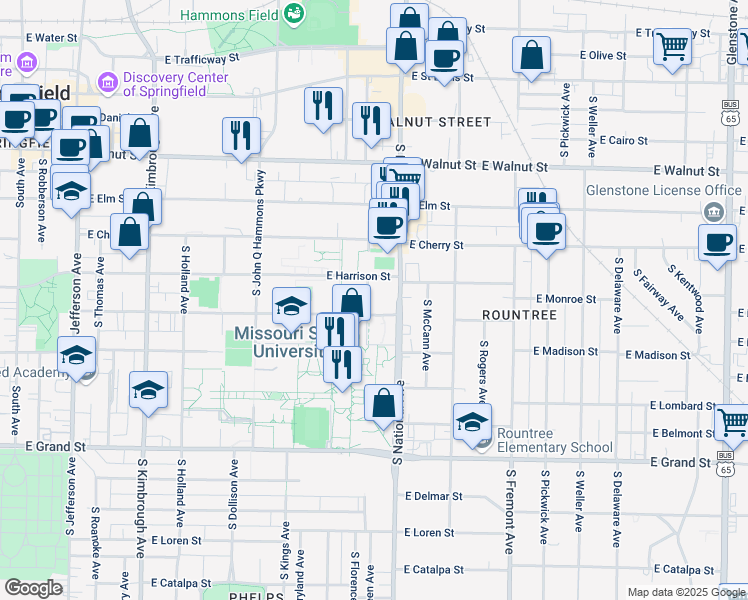 map of restaurants, bars, coffee shops, grocery stores, and more near 1144 East Monroe Street in Springfield