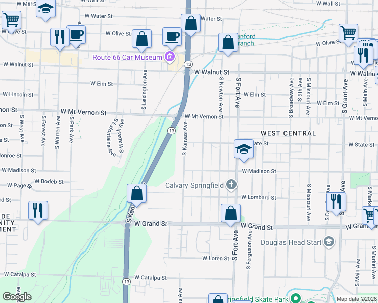map of restaurants, bars, coffee shops, grocery stores, and more near 732 South Kansas Avenue in Springfield