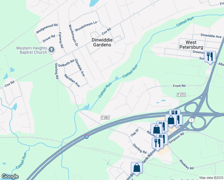 map of restaurants, bars, coffee shops, grocery stores, and more near 25030 Gilmar Court in Petersburg