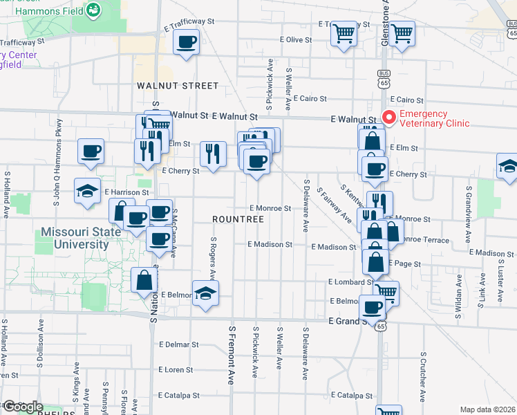 map of restaurants, bars, coffee shops, grocery stores, and more near 713 South Pickwick Avenue in Springfield