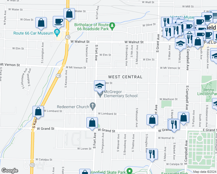 map of restaurants, bars, coffee shops, grocery stores, and more near 717 South New Avenue in Springfield