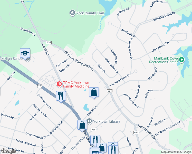 map of restaurants, bars, coffee shops, grocery stores, and more near 1901 Old York-Hampton Highway in Yorktown