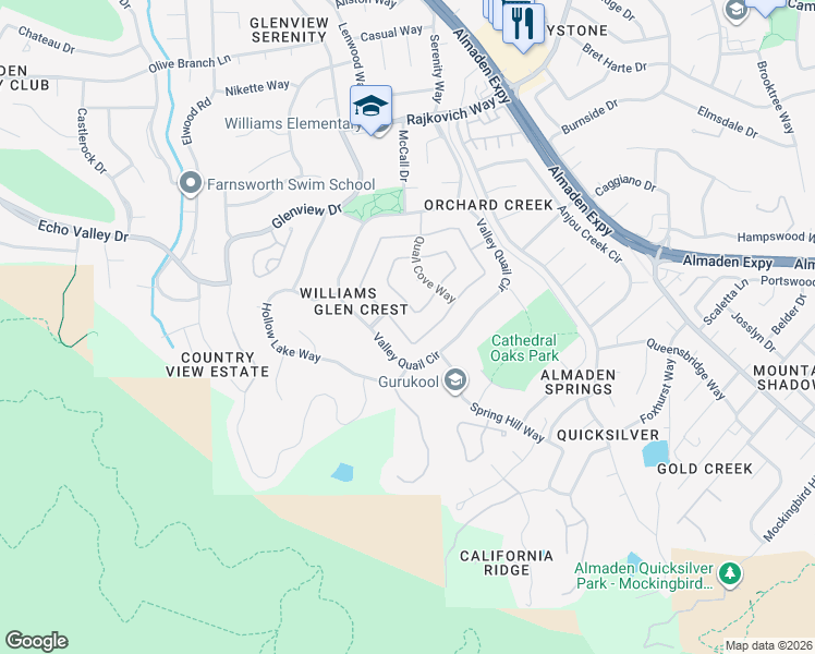 map of restaurants, bars, coffee shops, grocery stores, and more near 1059 Quail Creek Circle in San Jose