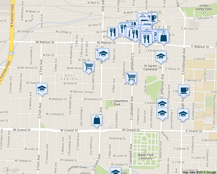 map of restaurants, bars, coffee shops, grocery stores, and more near 724 South Grant Avenue in Springfield