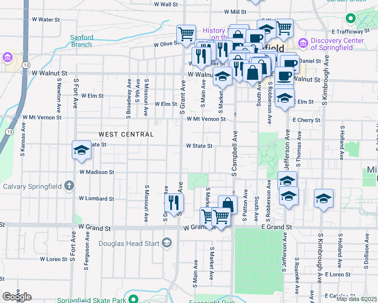 map of restaurants, bars, coffee shops, grocery stores, and more near 724 South Grant Avenue in Springfield