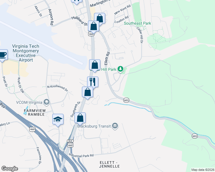 map of restaurants, bars, coffee shops, grocery stores, and more near 706 Ellett Road in Blacksburg