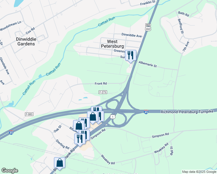 map of restaurants, bars, coffee shops, grocery stores, and more near 25509 Front Road in Petersburg