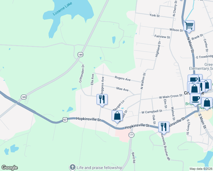 map of restaurants, bars, coffee shops, grocery stores, and more near 500-528 Mae Avenue in Greenville