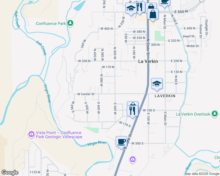 map of restaurants, bars, coffee shops, grocery stores, and more near 326 West 30 North in La Verkin