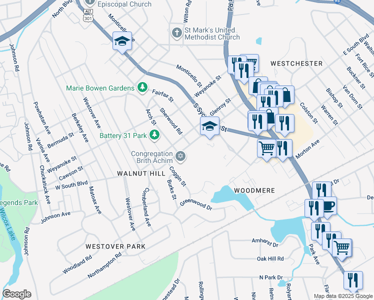 map of restaurants, bars, coffee shops, grocery stores, and more near 310 West South Boulevard in Petersburg