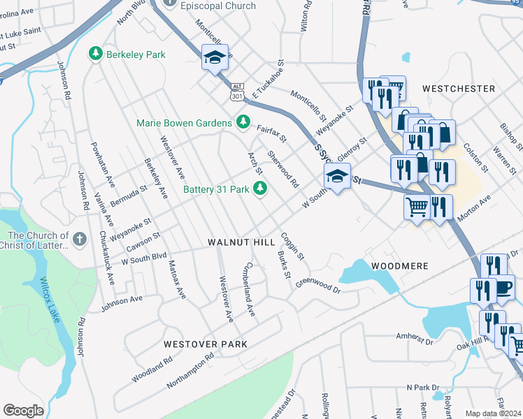 map of restaurants, bars, coffee shops, grocery stores, and more near 1860 Coggin Street in Petersburg