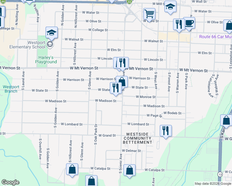 map of restaurants, bars, coffee shops, grocery stores, and more near 2719 West Madison Street in Springfield