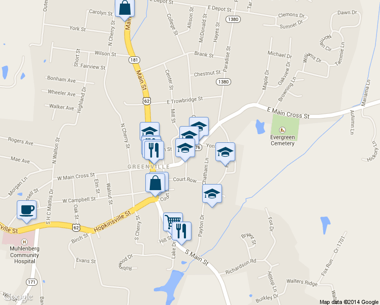 map of restaurants, bars, coffee shops, grocery stores, and more near 101-115 Martin Street in Greenville