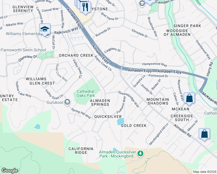 map of restaurants, bars, coffee shops, grocery stores, and more near 1141 Queensbridge Way in San Jose