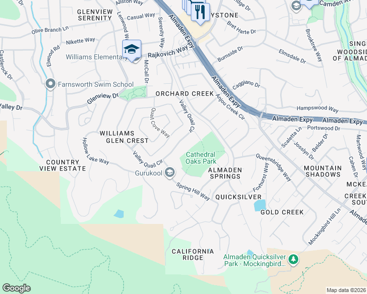 map of restaurants, bars, coffee shops, grocery stores, and more near 1130 Valley Quail Circle in San Jose