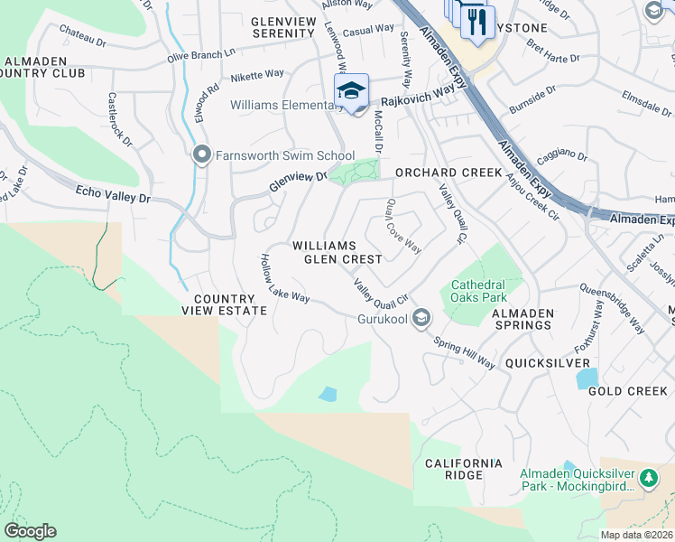 map of restaurants, bars, coffee shops, grocery stores, and more near 7048 Hollow Lake Way in San Jose